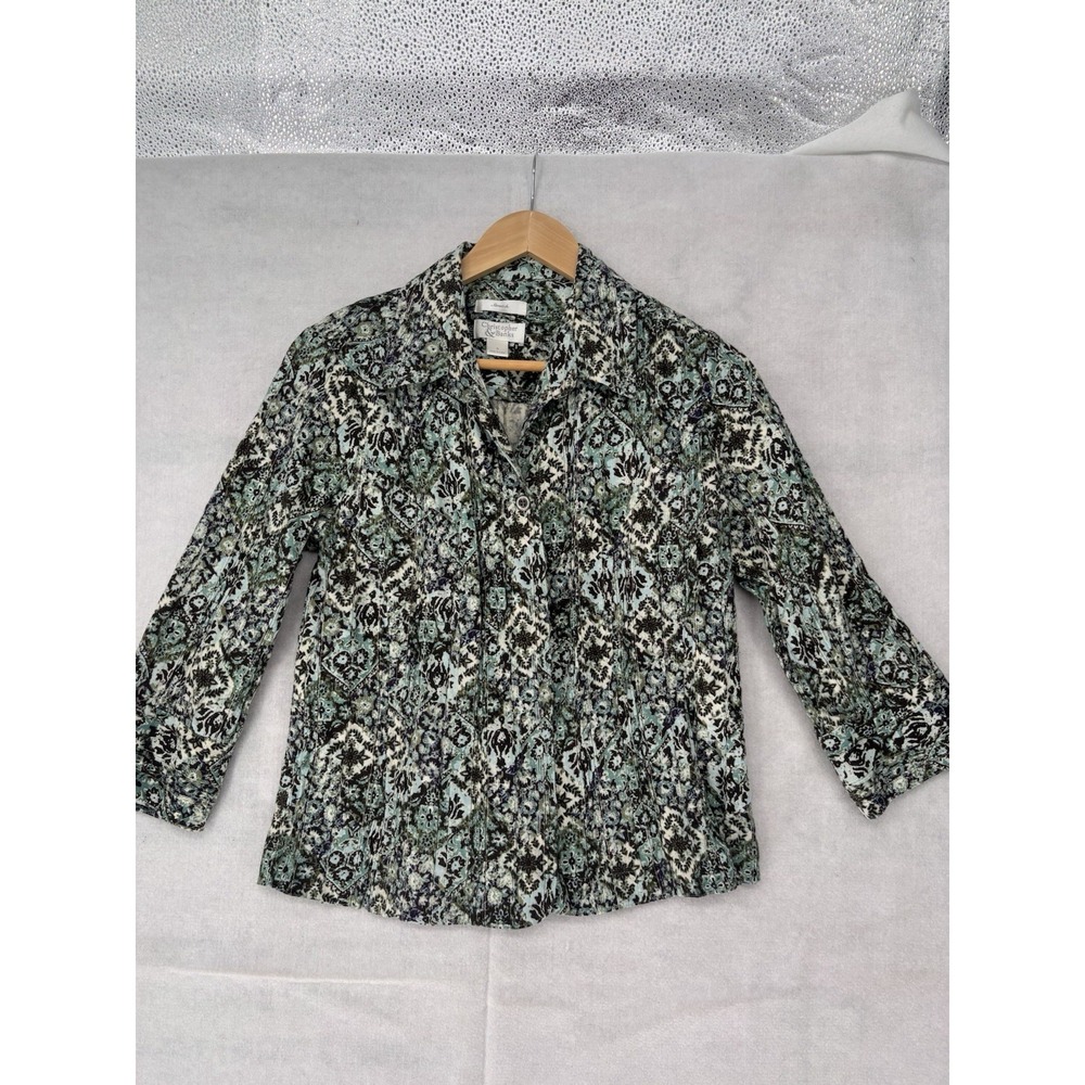 Christopher & Banks Floral Jacket Sz Small Cotton Stretch Green Floral Print